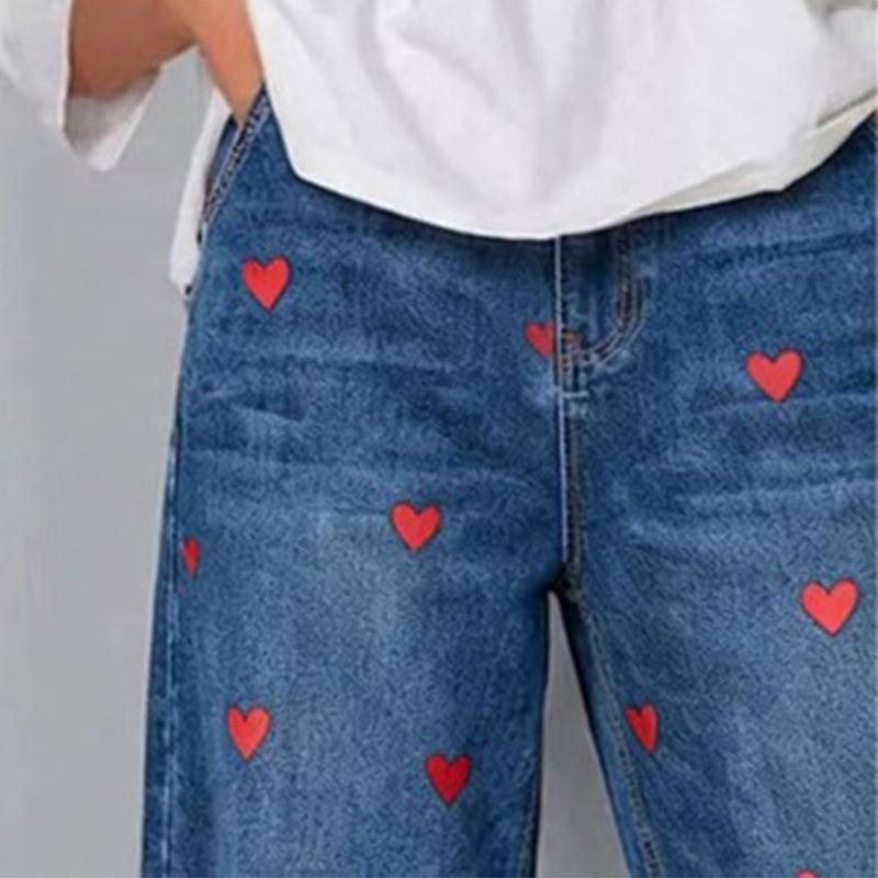 Arabella - Heart Print Barrel Leg Jeans