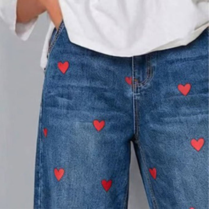 Arabella - Heart Print Barrel Leg Jeans