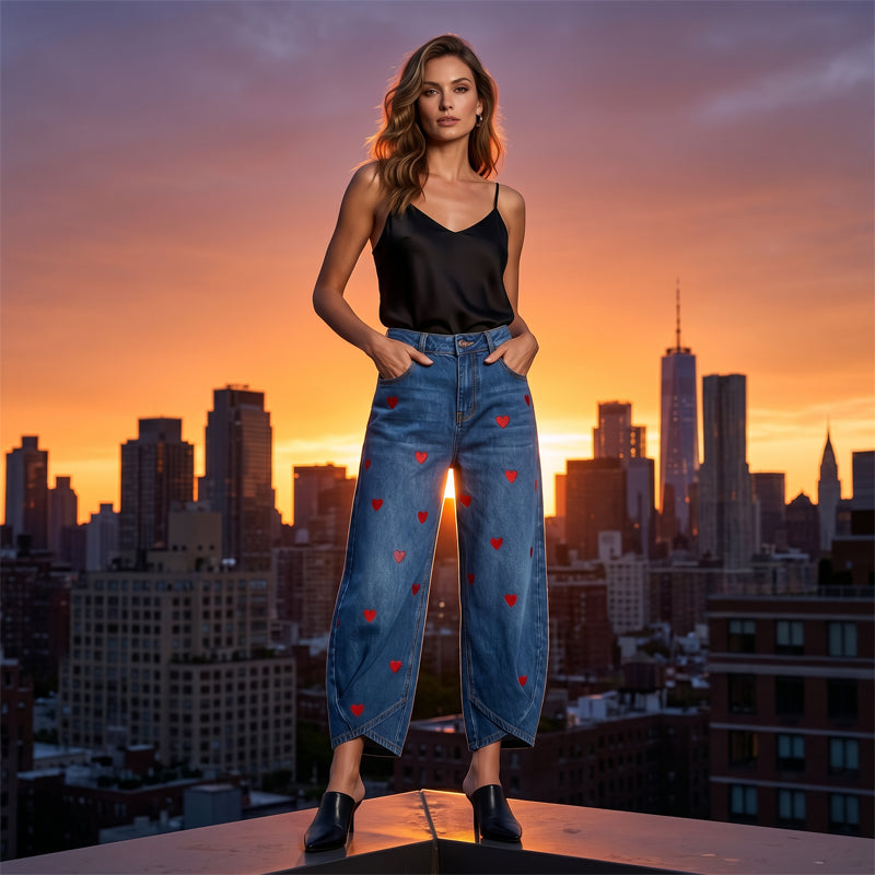 Arabella - Heart Print Barrel Leg Jeans