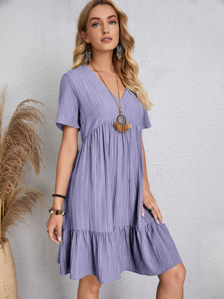 Belinda - Textured V Neck Tiered Mini Dress
