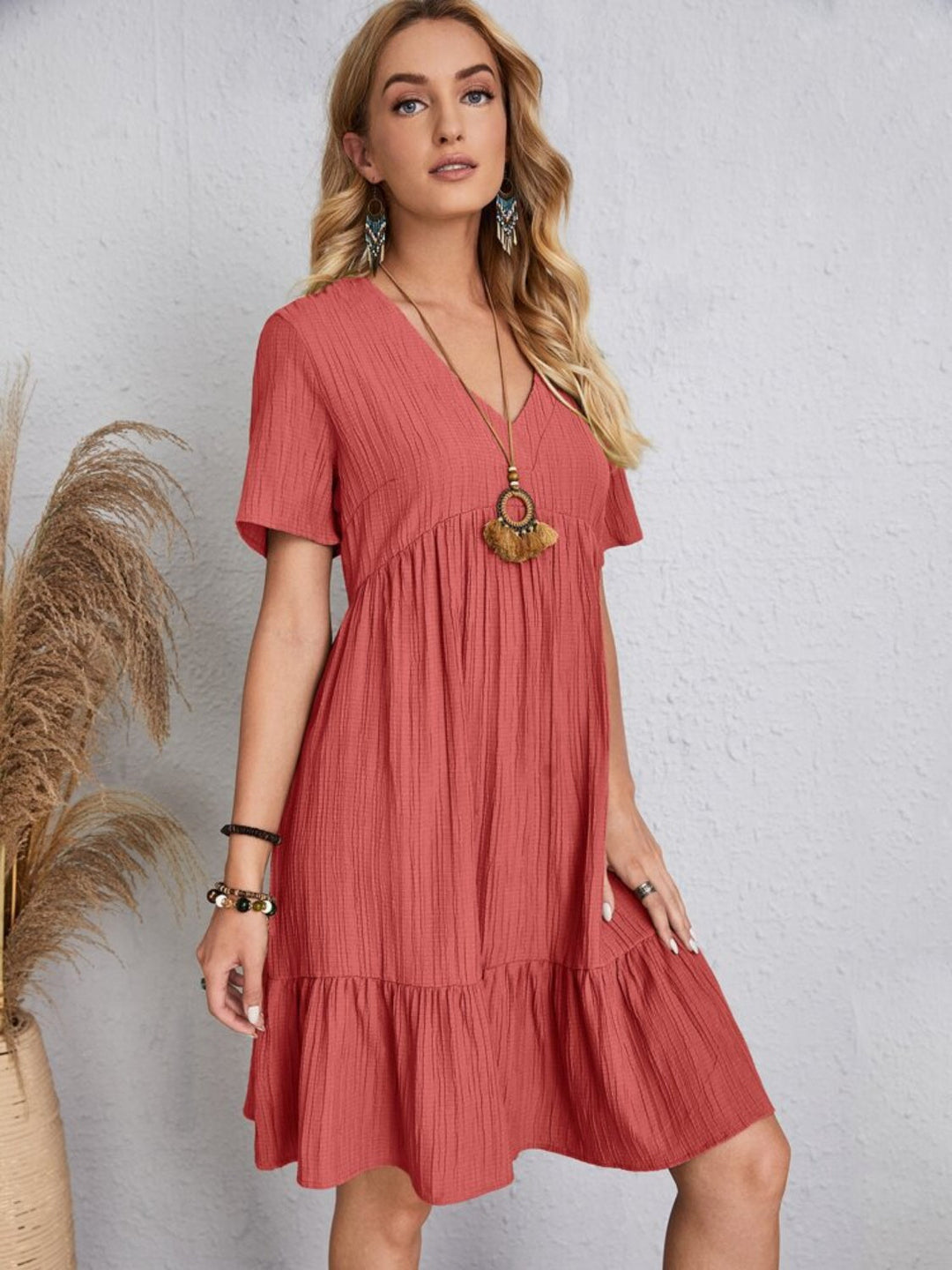 Belinda - Textured V Neck Tiered Mini Dress