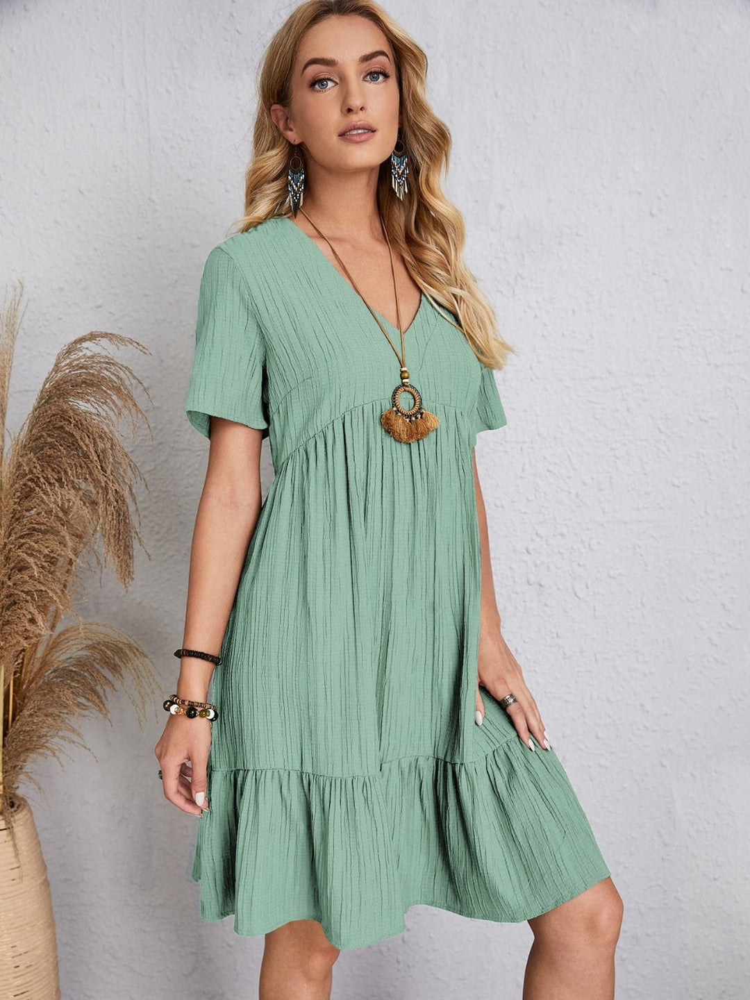 Belinda - Textured V Neck Tiered Mini Dress
